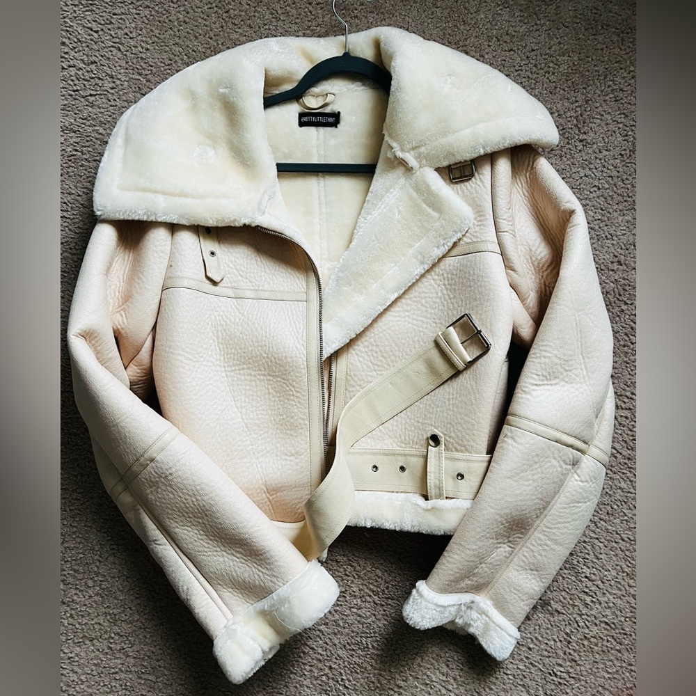 Faux leather bomber jacket - Cream - Size 12